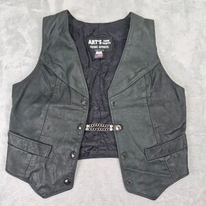 Arts Cow Parts Womens M Black Leather Riding Vest Snap Front Western Style Chain
